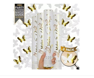 Set De 6 Cañones Confeti Diseño Mariposas Doradas Blancas